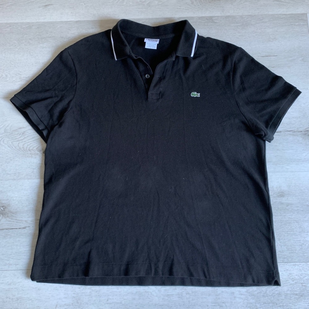 Lacoste Mens Regular Fit Pique Polo Shirt Black White‎ Tipped Collar Size 7 XXL